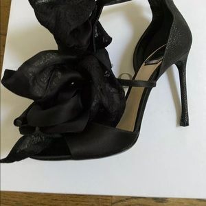 NEW Women Christian Dior CD Black Satin Lace Flower Rose Shoes 37 1/2 7.5
